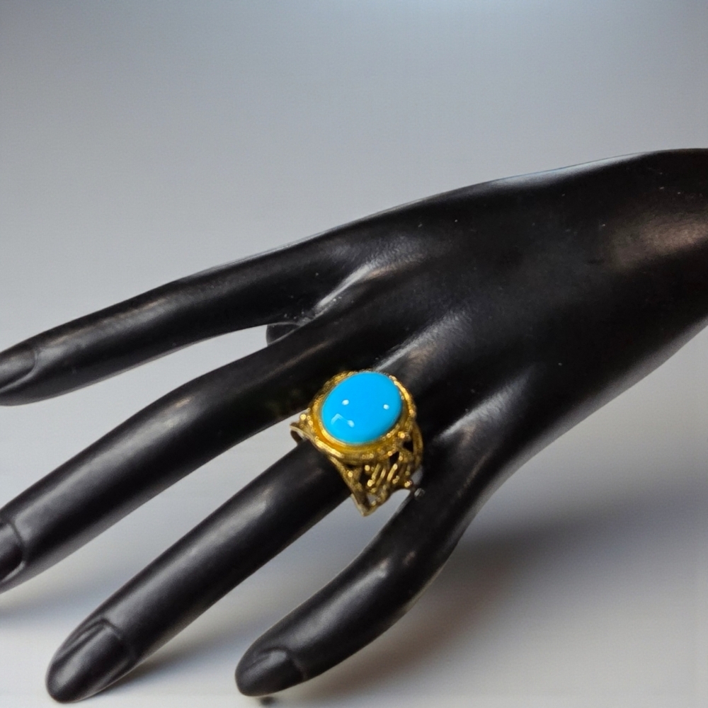 18k Gold Plated Artisan Genuine Turquoise Flower Branch Wide Band Ring - Picture 5 of 6